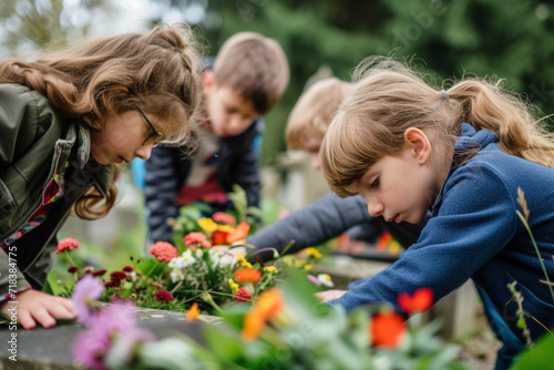 Children placing flowers on graves at a military cemetery, illustrating the intergenerational passing of care and love, faith and tradition, courage