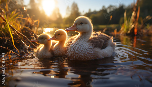 Cute duckling quacking in the pond, surrounded by nature generated by AI photo