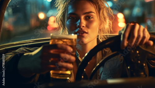 young woman drinking alcohol while driving in his car