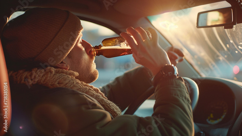 Man drinking alcohol while driving in his car photo