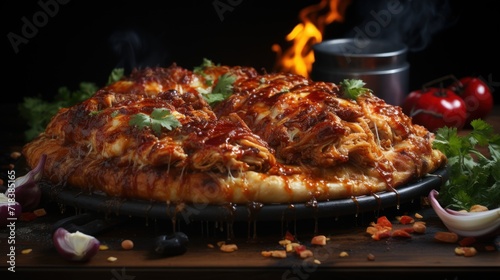  a pizza sitting on top of a pizza pan covered in sauce and toppings next to a pile of vegetables.