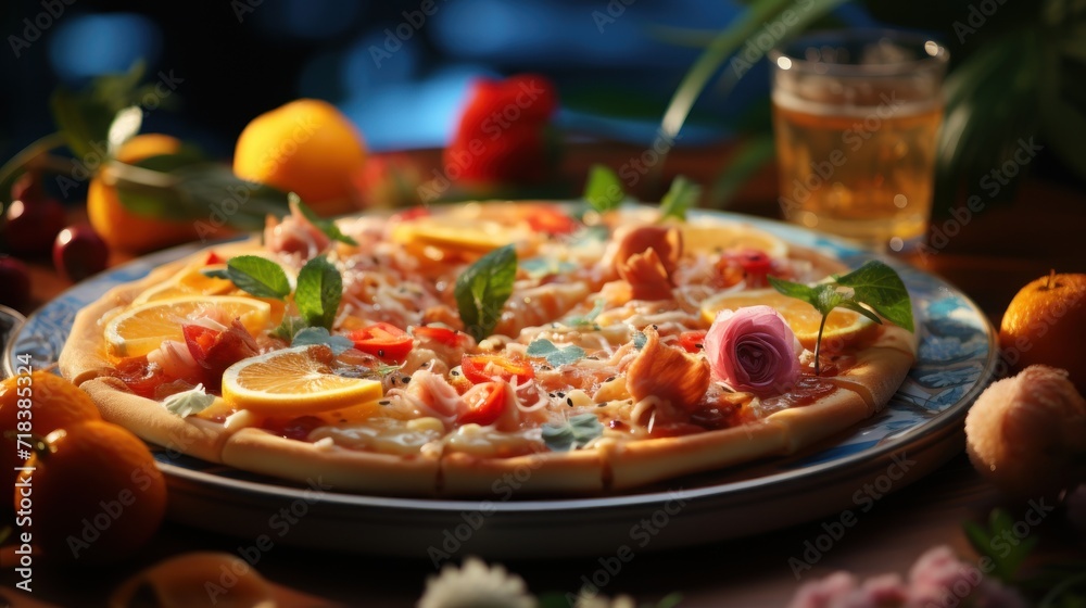  a close up of a pizza on a plate on a table with oranges and other fruits and vegetables around it.