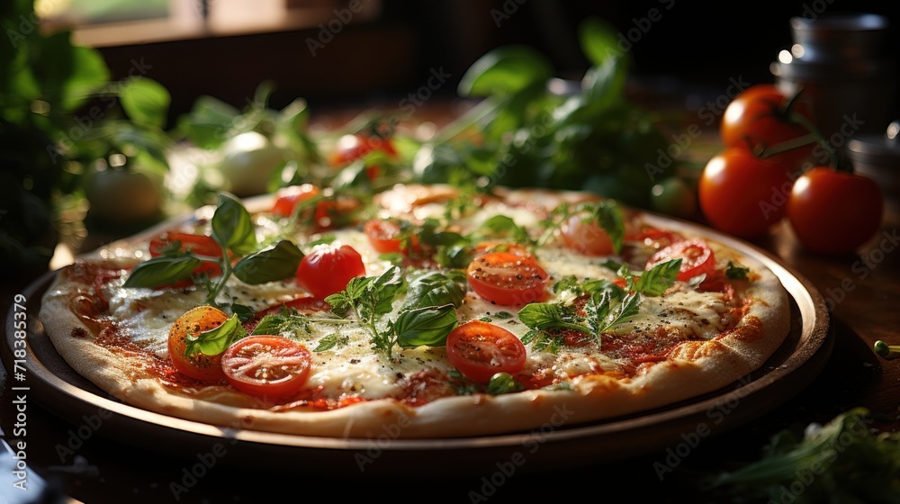  a pizza with tomatoes, basil, and cheese on a wooden platter on a table next to other vegetables.