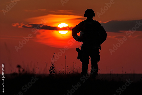 A soldier's silhouette against a setting sun, evoking a sense of sacrifice and courage with care and love, faith and tradition