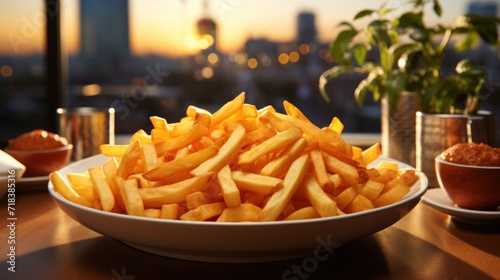 a plate of french fries on a table with a view of a city in the background and a potted plant in the foreground.