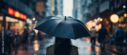 back view of a woman with an umbrella walking around the city on a rainy day