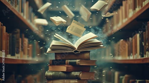 A stack of old books and flying book pages against the background of the shelves in the library. Ancient books historical background. Retro style. Conceptual background on history, education topics.   photo