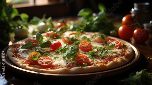  a pizza with tomatoes, basil, and cheese on a wooden platter on a table next to other vegetables.