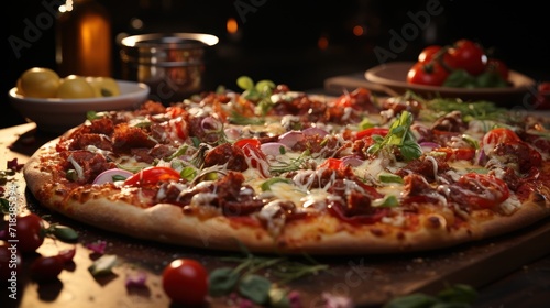  a pizza sitting on top of a wooden cutting board next to a bowl of tomatoes and a bowl of olives.