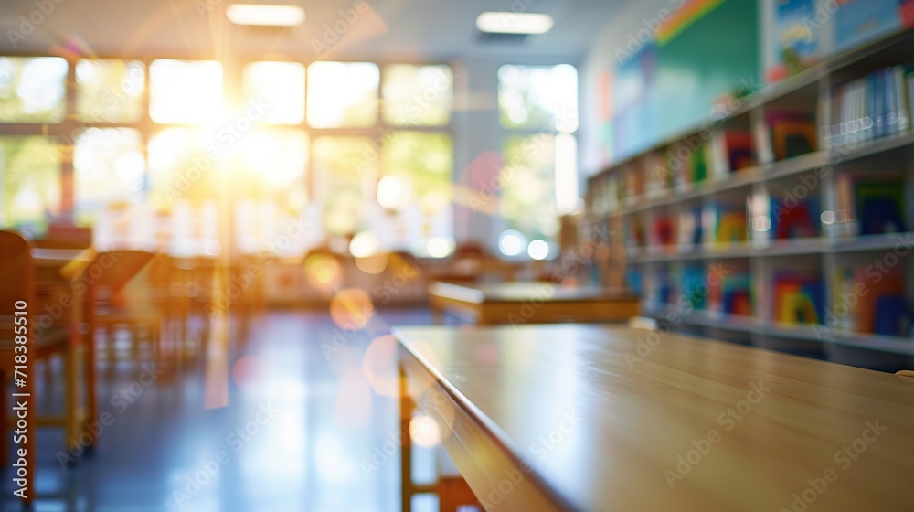 Blur image of picture library background. Library resources, including vast knowledge and sun light. School classroom in blur background. blurry view of elementary class room. 