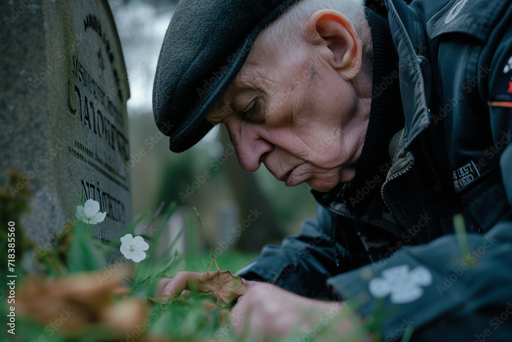 A war veteran visiting the grave of a fallen comrade, expressing personal connection and care and love, faith and tradition, courage