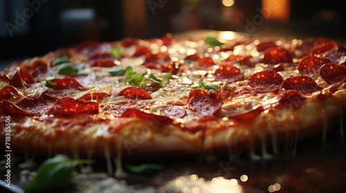  a pepperoni pizza sitting on top of a pan on top of a metal pan covered in cheese and basil.