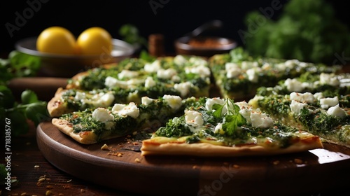  a pizza sitting on top of a wooden cutting board next to a bowl of broccoli and lemons.
