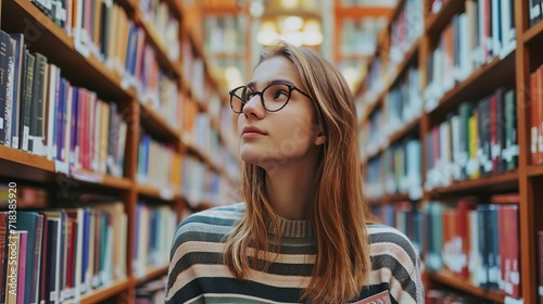 Caucasian female student stands in university library, looking for a book. Beautiful young woman in eyeglasses searching information for a project, learning for passing exams, education concept 