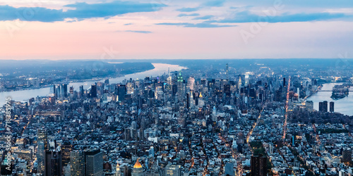 Panoramic aerial of Midtown Manhattan at sunset, New York city, USA