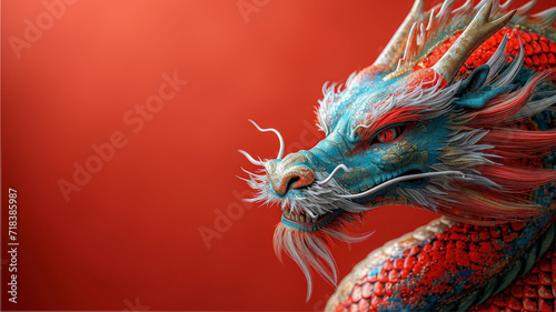 cabeza de dragón chino en tonos azules y rojos sobre fondo rojo photo