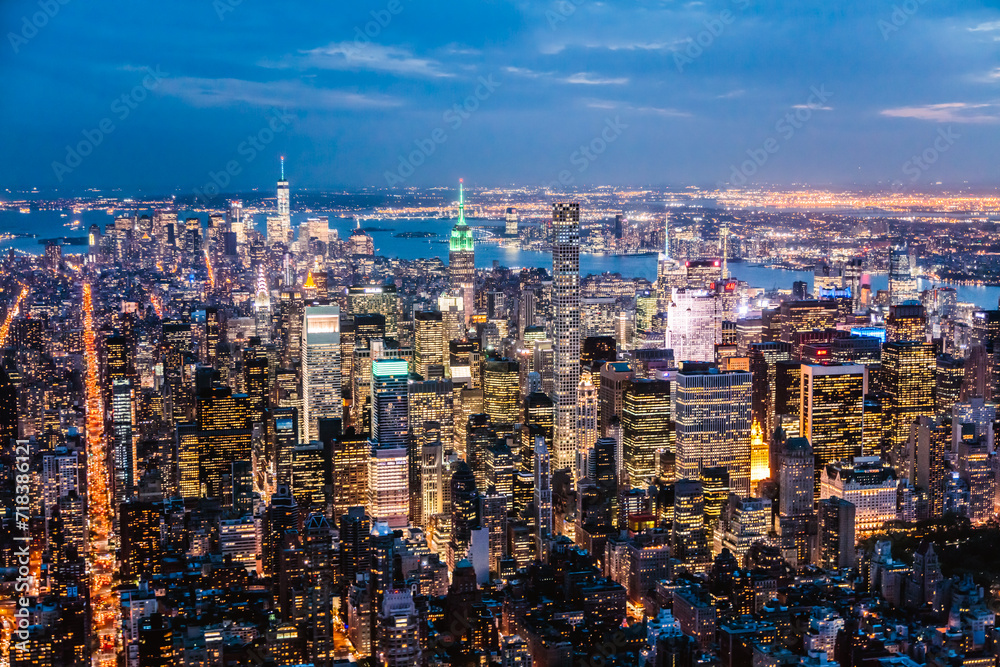 Aerial view of Midtown Manhattan with Empire state building at night, New York city, USA