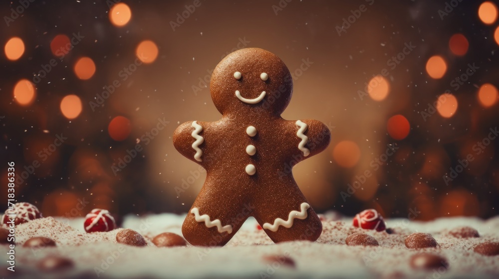  a close up of a gingerbread man on a table with christmas lights in the background and snow on the ground.