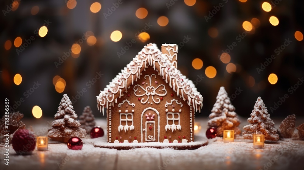 a close up of a gingerbread house on a table with a christmas tree in the foreground and lights in the background. a close up of a gingerbread house on a table with a christmas tree in the foreground and lights in the background.