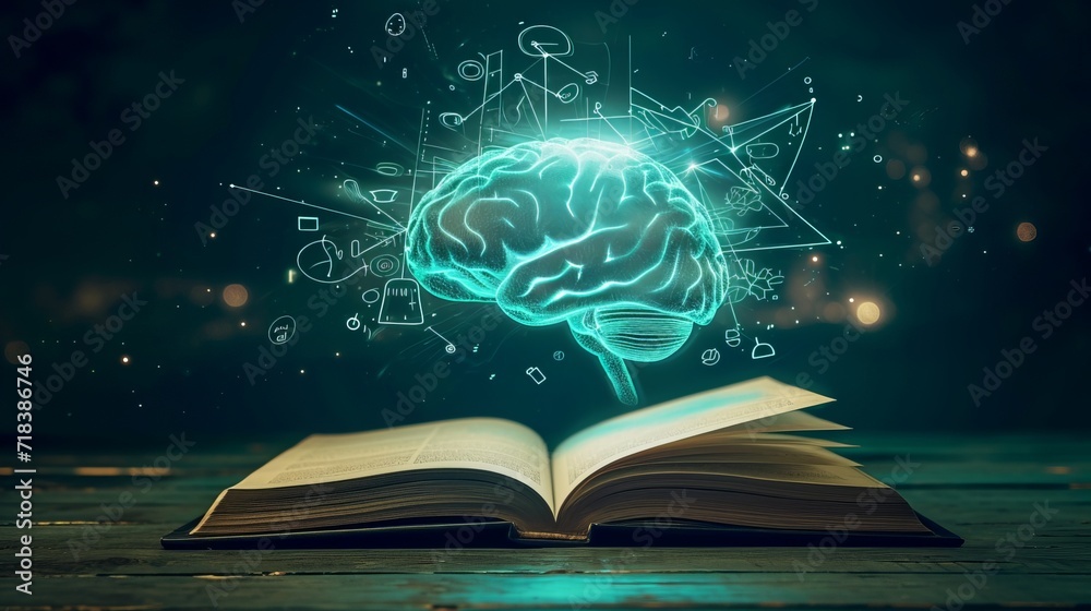 Glowing virtual brain floats above an open book with leaning icons on ...