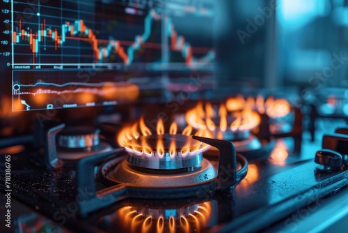 Natural gas stove burning. Cost growth stock charts background concept