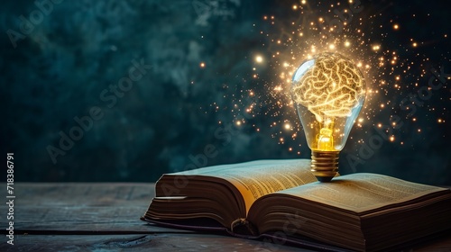 Light bulb and opened vintage book style vintage with brain icon dark background,The idea of reading books, knowledge, and searching for new ideas,book bible.Concept