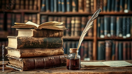 Old books ,quill pen and vintage inkwell on wooden desk in old library. Ancient books historical background. Retro style. Conceptual background on history, education, literature topics.   photo