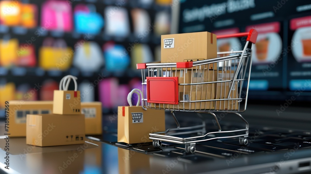 e-commerce, shopping trolley with paper boxes. Trade, selling via internet