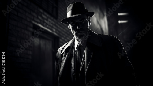 Shrouded in Shadows: A mysterious figure in a fedora, evoking a classic film noir ambiance