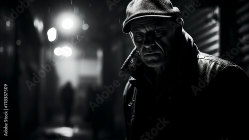 Shrouded in Shadows: A mysterious figure evoking a classic film noir ambiance