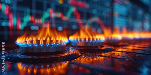 Natural gas stove burning. Cost growth stock charts background concept