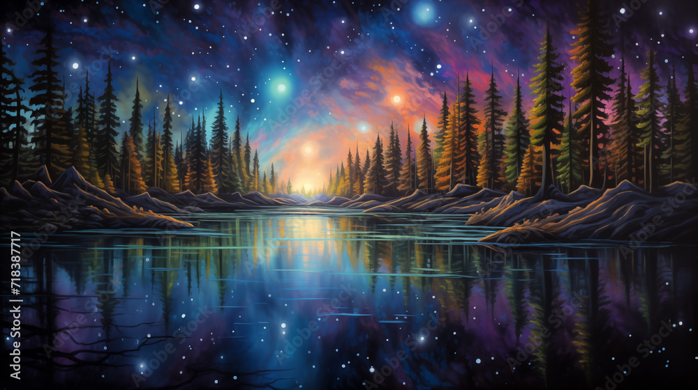 Starry Night Over Tranquil Forest Lake