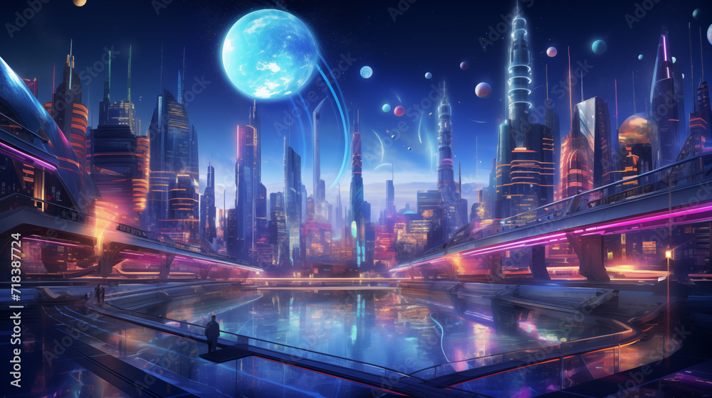 Cosmopolitan Future City with Hovering Trains and Planetary Orbits