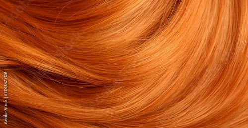 Red hair close-up as a background. Women's long orange hair. Beautifully styled wavy shiny curls