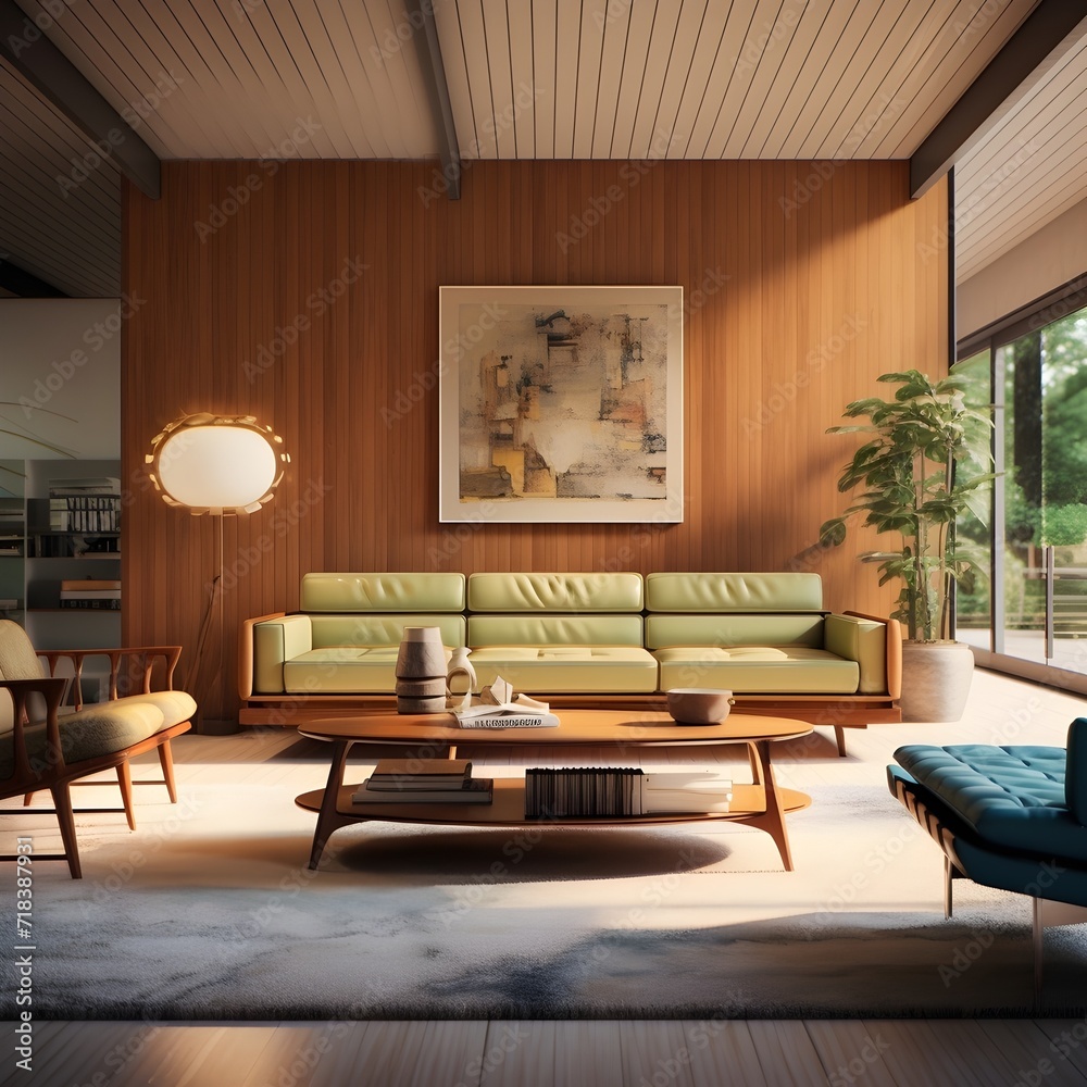 Fototapeta premium Mid-century modern style living room - Generative AI