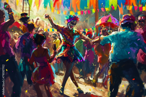Create a vibrant and colorful scene of people dancing and celebrating at a lively street carnival