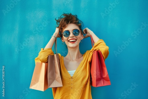 A cheerful and happy woman reveling in the delights of a delightful shopping experience generative ai
