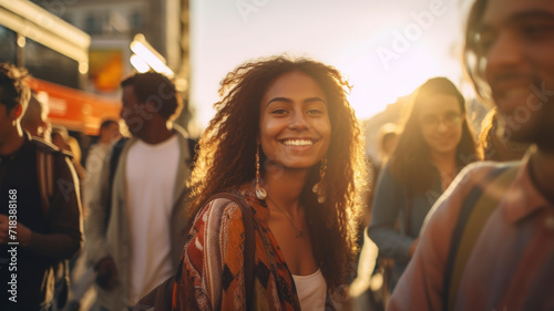Golden Hour Gathering: Young smiling student enjoys a vibrant street fair, her face illuminated by the soft reflective, golden light of sunset © David