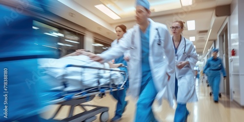 Hospital emergency medicine concept. Team of doctors rushing a patient in a gurney photo