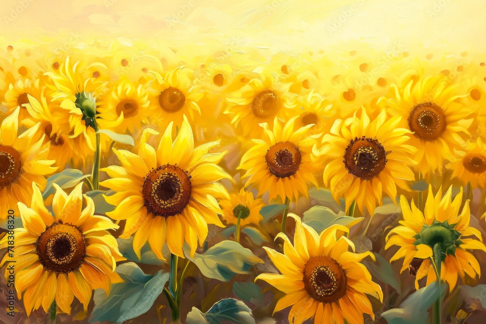 Obraz premium Generate a cheerful and uplifting painting of a field of sunflowers, with their bright yellow petals shining under the warm sun