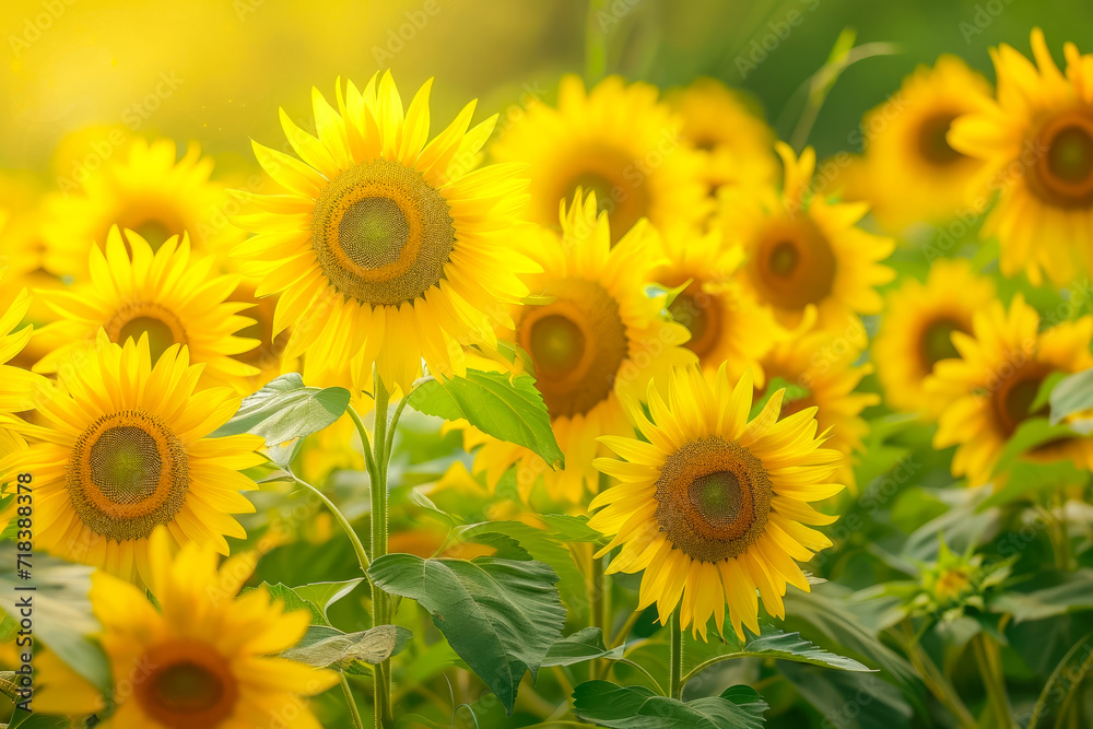 Generate a cheerful and uplifting painting of a field of sunflowers, with their bright yellow petals shining under the warm sun