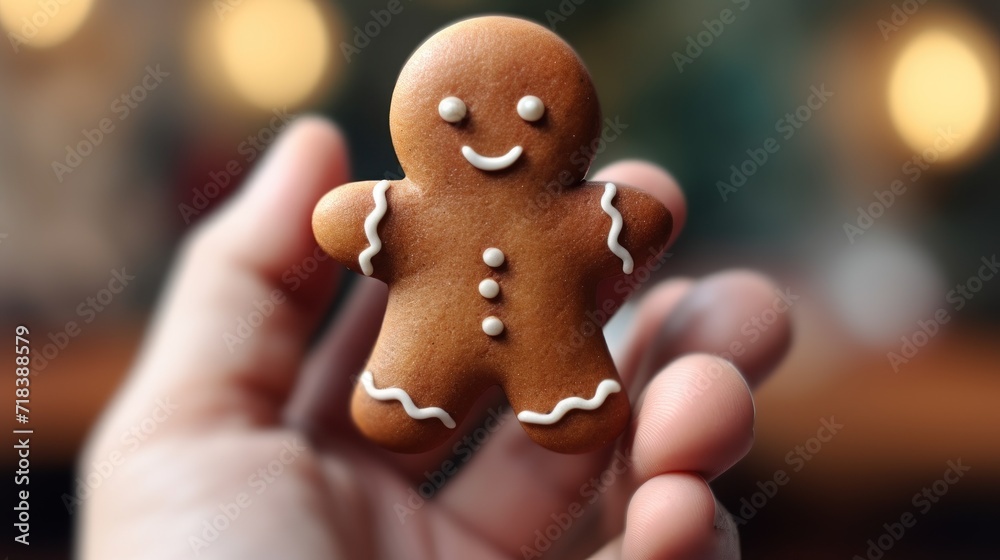  a close up of a person's hand holding a small ginger with white icing and a smile on its face.