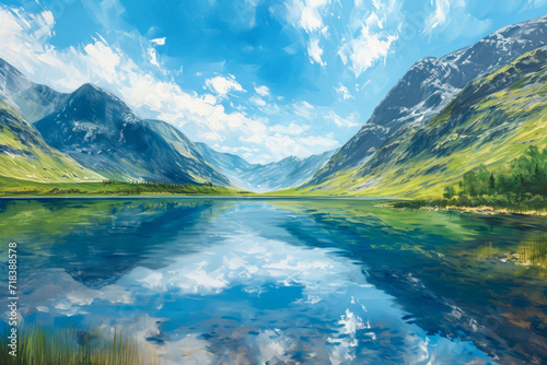 Generate a peaceful and uplifting painting of a serene lake surrounded by majestic mountains © mila103