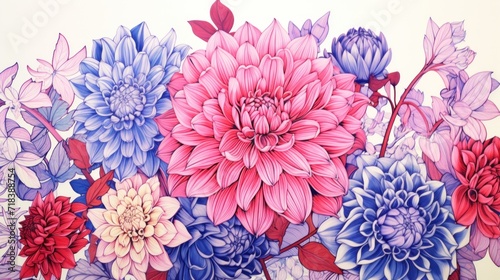  a painting of pink, blue, and red flowers on a white background with leaves and flowers on the bottom half of the painting.
