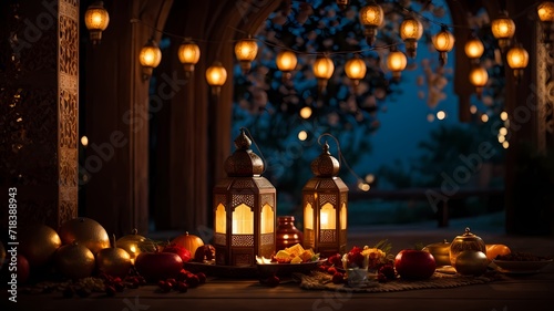 Ramadan lantern with crescent moon and podium as luxury islamic background. Decoration for ramadan kareem, mawlid, iftar, isra miraj, eid al fitr adha and muharram photo