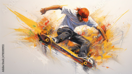 Artistry of skateboarding featuring a skater carving a dry pool wall, illustrated the powerful strokes and warm colours photo