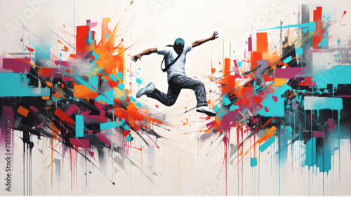 Embrace the rebellious spirit of street art in a spray paint depiction of urban parkour, with a free-runner leaping between buildings against a pristine white canvas, the vibrant bursts of colour 