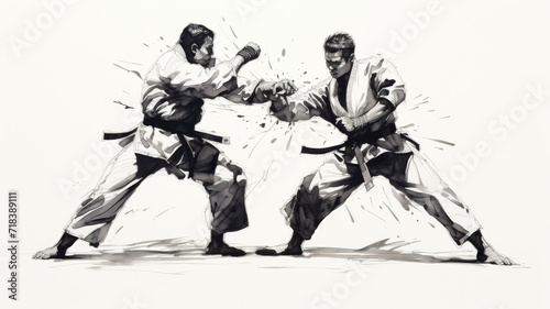 Monochromatic Intensity Unleashed: Two martial artists locked in a fierce exchange, their energy exploding into abstract brush strokes photo