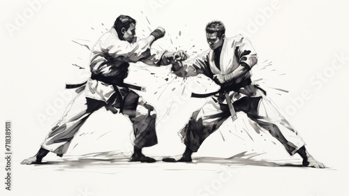 Monochromatic Intensity Unleashed: Two martial artists locked in a fierce exchange, their energy exploding into abstract brush strokes