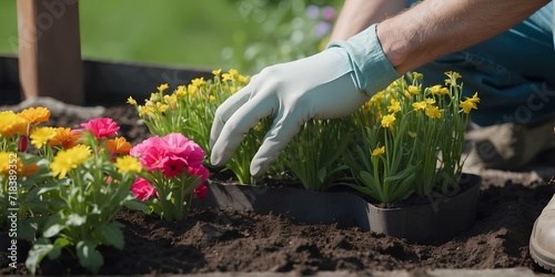 Competent gardener nurturing blooming flowers in precisely arranged garden plot.